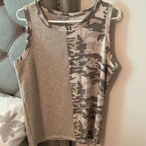 White Birch color blocked tank with cammo and heather grey colors. Soft.